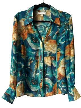 Coldwater Creek 100% Silk Teal Blue and Gold Floral Button-Down Blouse L